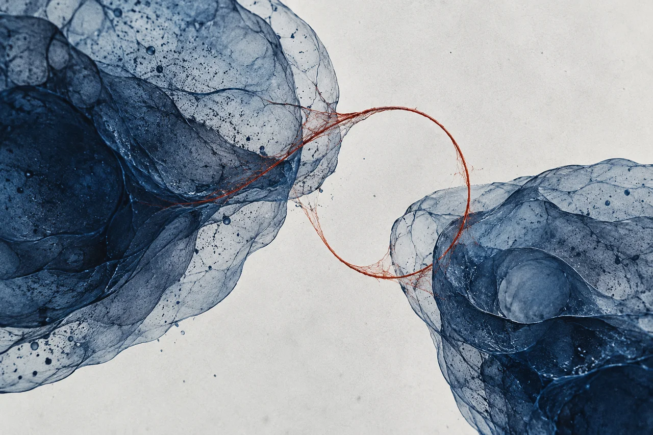 Abstract deep-blue cellular forms connected by a vermilion RNA-inspired loop